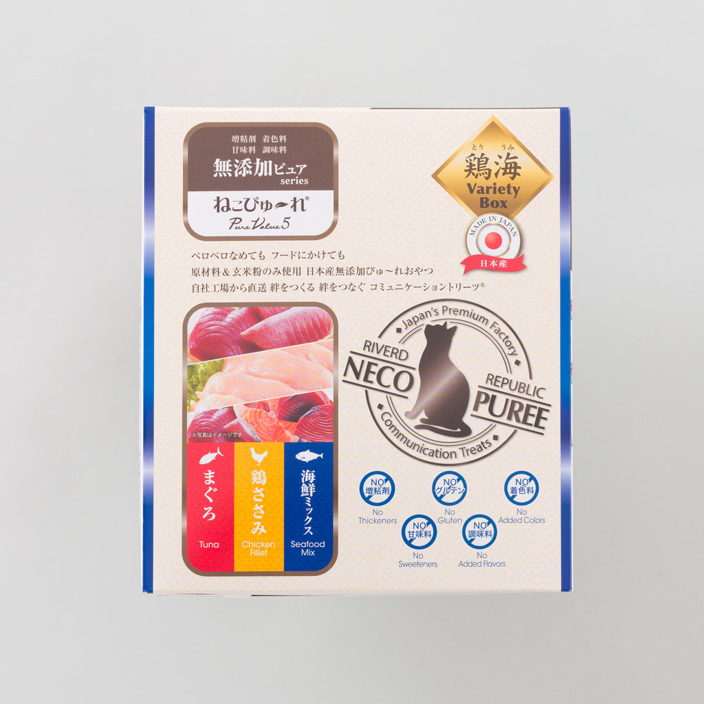 
                  
                    ねこぴゅ～れ 無添加ピュア PureValue5 Variety Box 鶏海 <まぐろ/鶏ささみ/海鮮ミックス> 60本
                  
                