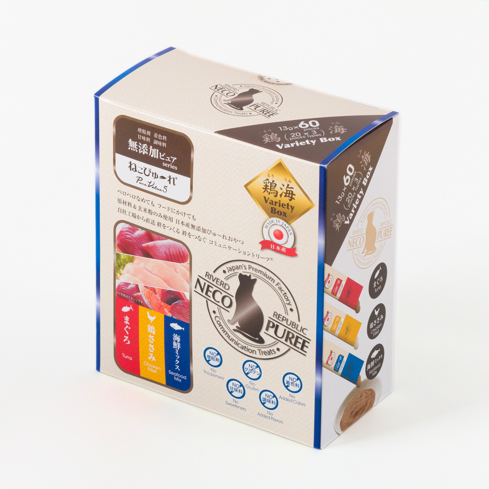 ねこぴゅ～れ 無添加ピュア PureValue5 Variety Box 鶏海 <まぐろ/鶏ささみ/海鮮ミックス> 60本